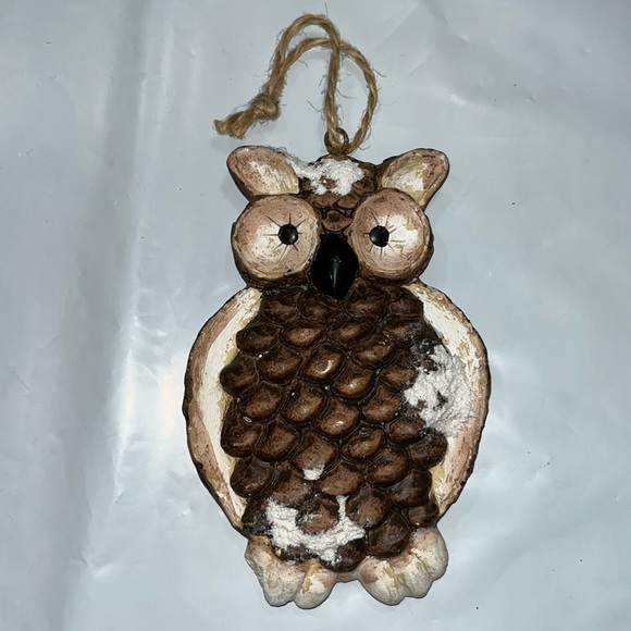 Brown Snowy Owl Ornament 5” on twine loop hook Christmas holiday bird OWL woodsy - Picture 2 of 10